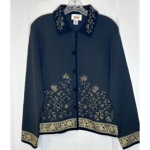 Vintage Talbots wool blend black cardigan sweater w/gold flower‎ embroidery S